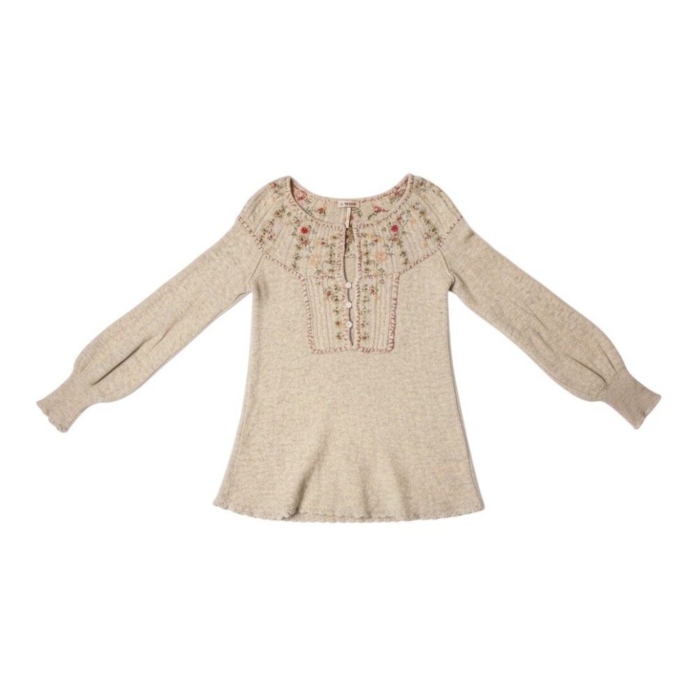 Free People Embroidered Floral Sequin Wool Blend Sweater Oatmeal Beige XS